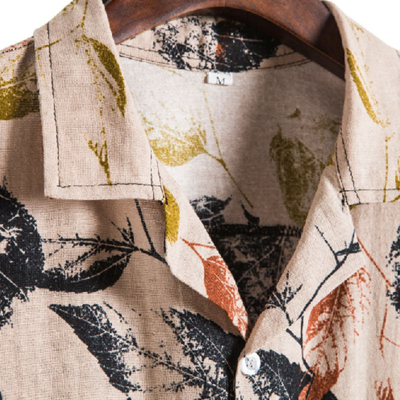 Cotton And Linen Printed Pocket Button-down Shirt