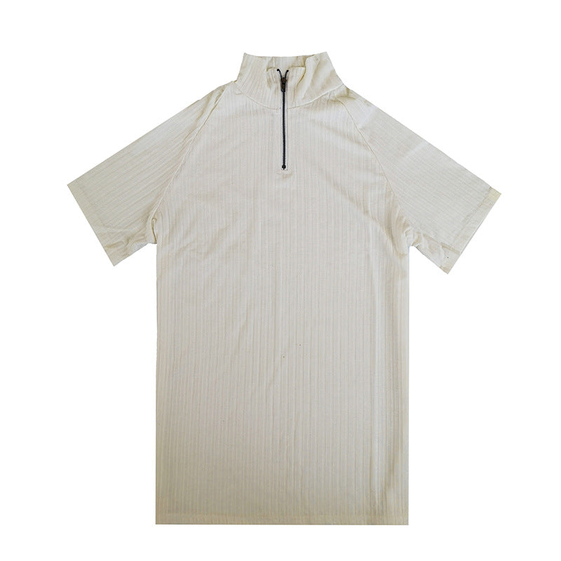 Sports Knit Fashion Stand Collar Zip Short Sleeve T-Shirt