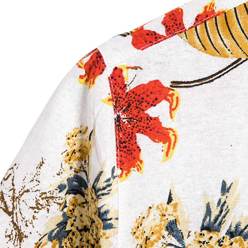 Cotton And Linen Printed Pocket Button-down Shirt
