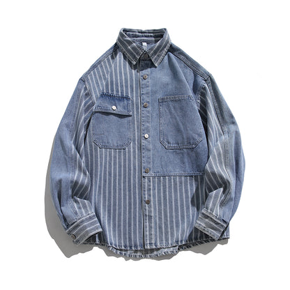 Men's Stitching Striped Button Up Denim Shirts with Pocket