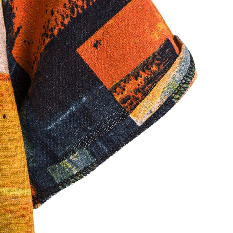 Cotton And Linen Printed Pocket Button-down Shirt