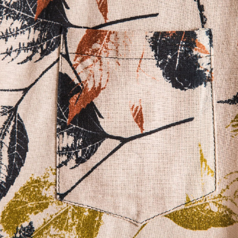 Cotton And Linen Printed Pocket Button-down Shirt