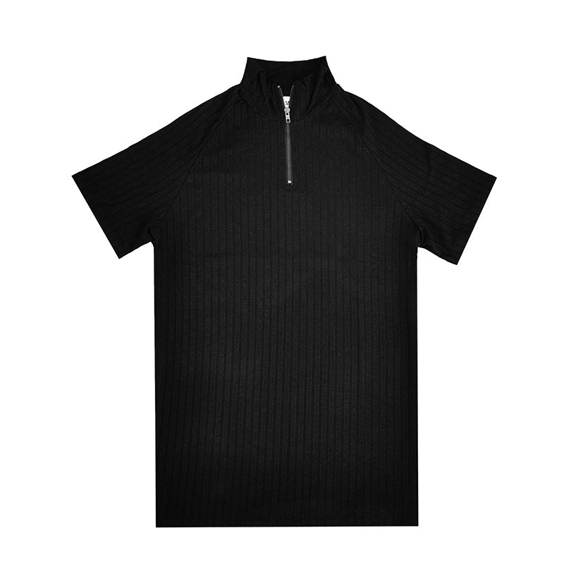 Sports Knit Fashion Stand Collar Zip Short Sleeve T-Shirt