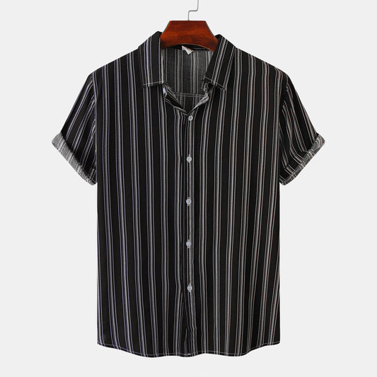 Clearance-Stripe Print Short Sleeve Shirt-XL