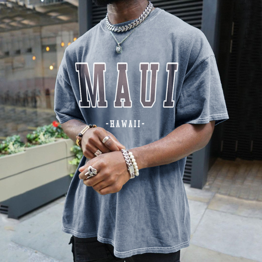 "MAUI" Print Men's Retro Loose Fit T-Shirts